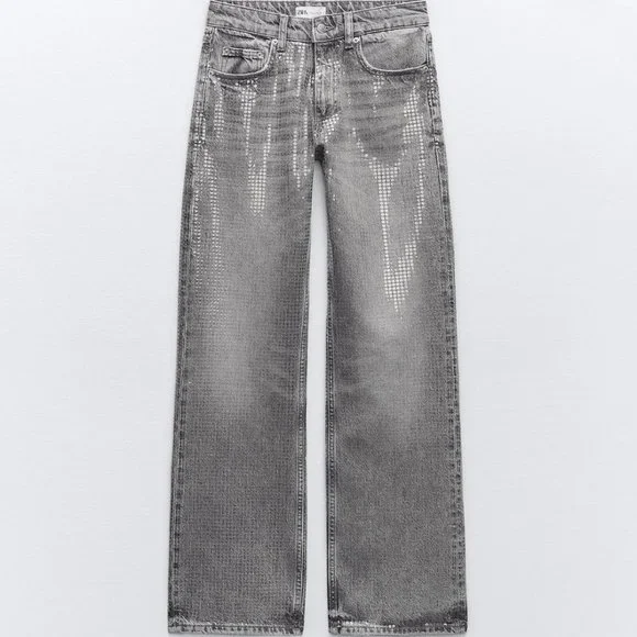 Zara | Jeans | Nwt Light Gray Wide Leg Jeans W Sequin